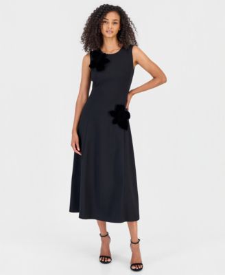 Women's Fit & Flare Velvet-Flower Embellished Midi Dress