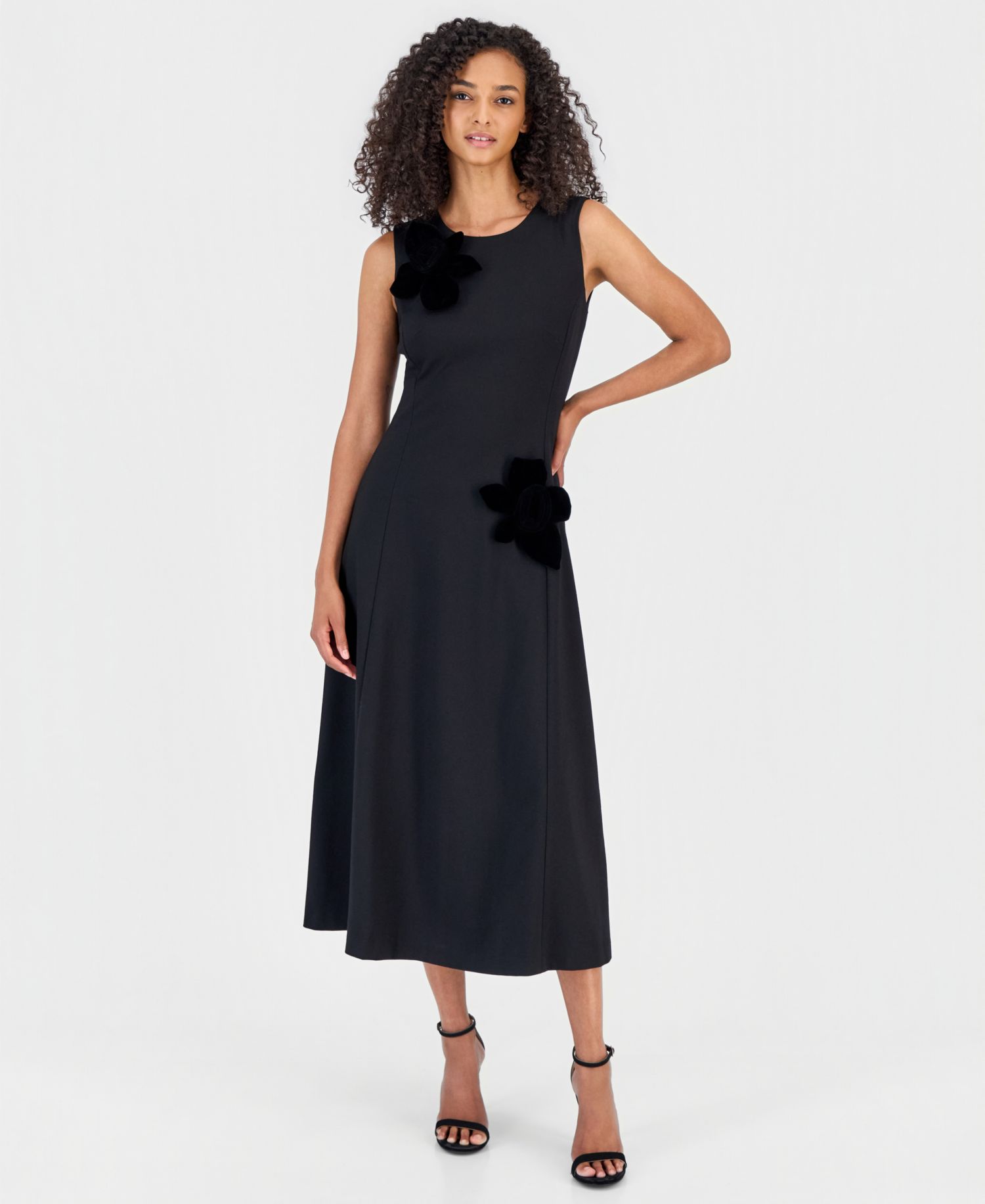 Women's Fit & Flare Velvet-Flower Embellished Midi Dress