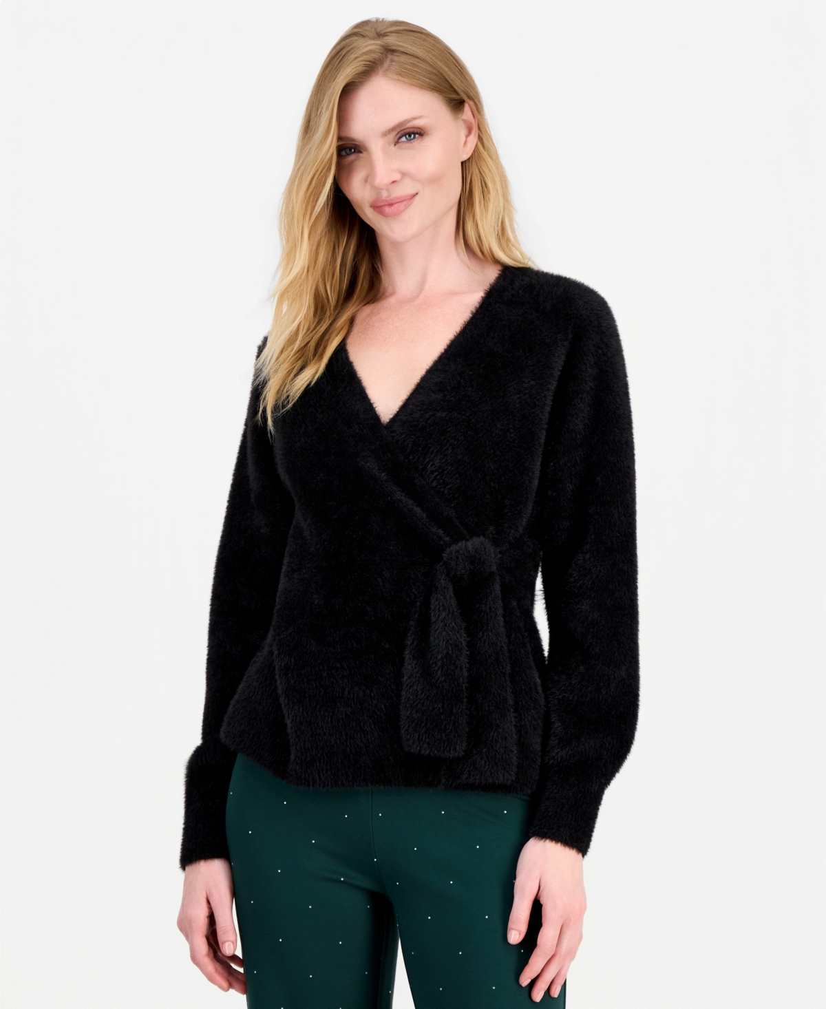 Anne Klein Women's Eyelash Faux Wrap V-Neck Long-Sleeve Sweater