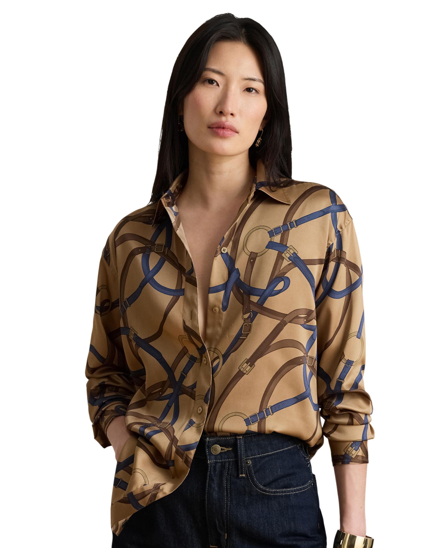 Женская рубашка Lauren Ralph Lauren Belting Print Collared, цвет: Верблюжий разноцветный — фото 3