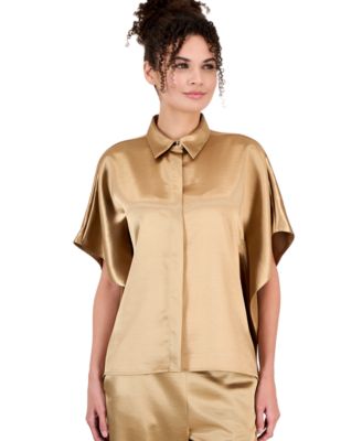 Women's Collared Dolman-Sleeve Satin Blouse