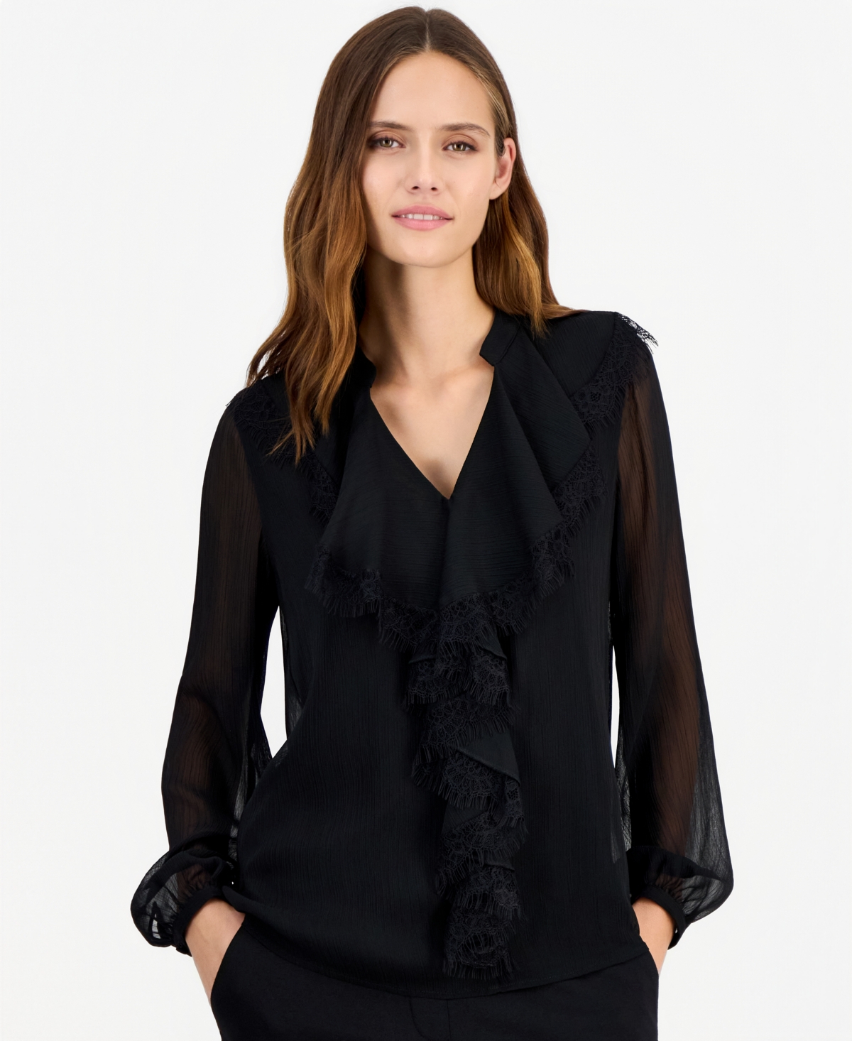 Anne Klein Women's Long-Sleeve Chiffon Ruffle Neck Blouse
