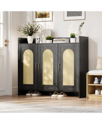Shoe Cabinet Storage for Entryway, Rattan Storage Cabinet, Wooden Shoe Rack with 3 Doors