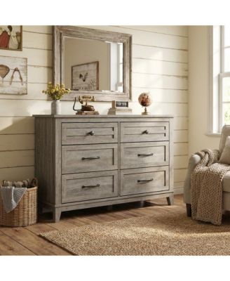 6 Drawer Dresser for Bedroom Classic Wide Wooden Chest, Freestanding Farmhouse Storage for Closet Nursery Living Room Entryway