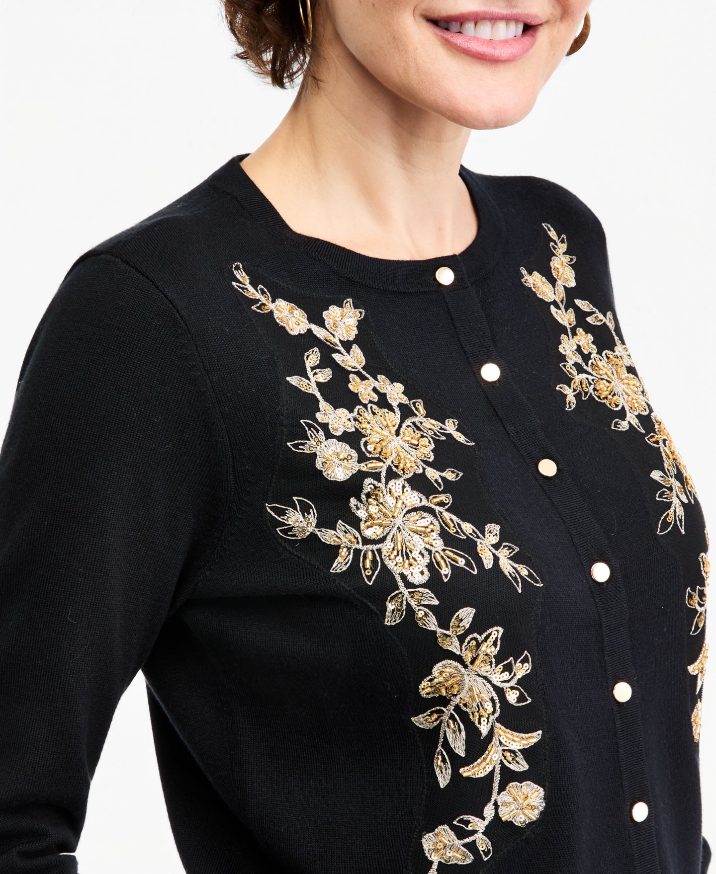 Женский кардиган JM Collection Embellished Floral Applique Button-Front, цвет: Глубокий чёрный — фото 3