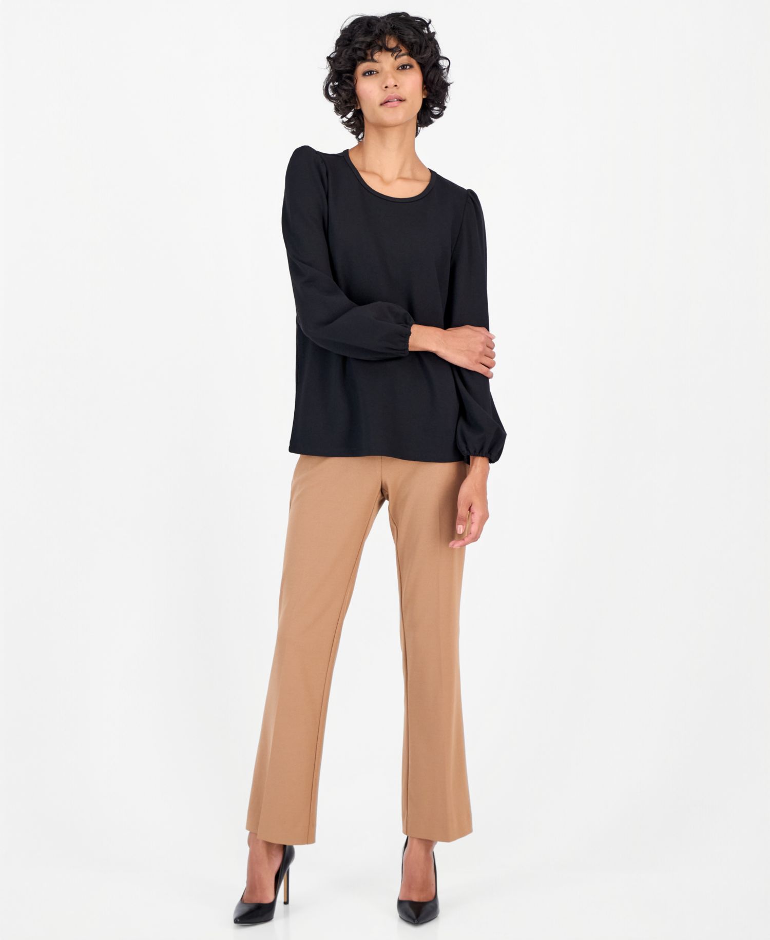 Petite Serenity Knit Long-Sleeve Crewneck Blouse