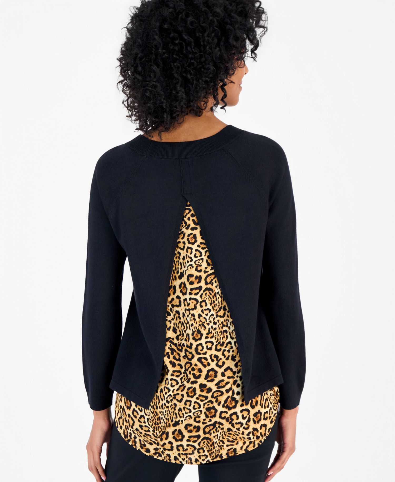 Women's Bold Leopard Two-Fer Split Back Sweater