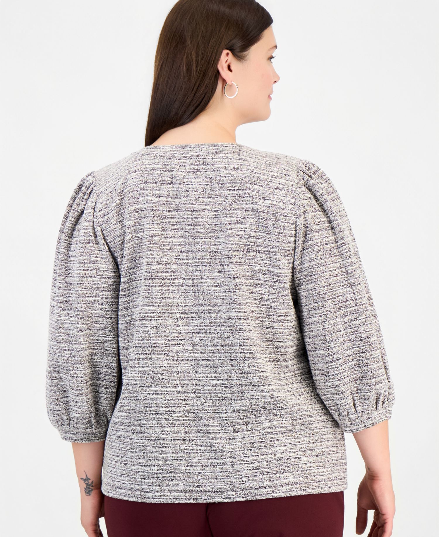 Plus Size Crew Neck 3/4-Length Balloon Sleeves Textured Knit Sweater