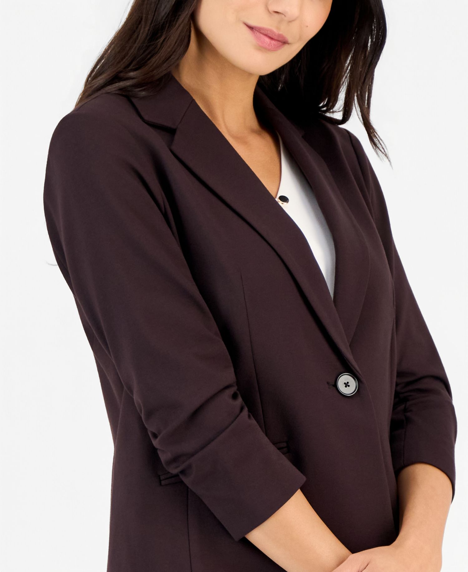 Women's Petite Notch Collar Scrunch-Sleeve Blazer