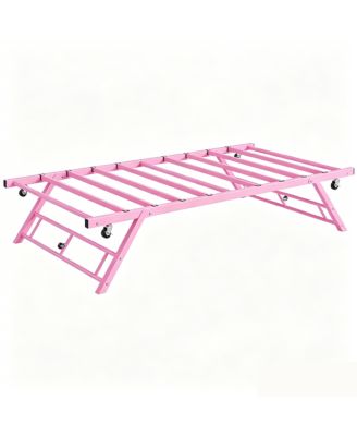 Trundle Bed Twin with Lockable Wheels, Pop Up Twin Trundle Bed, Sturdy Metal Foldable Bed Frame for Living Room, Bedroom and Guest Room