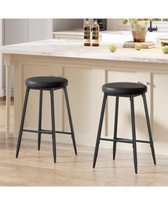 Set of 2 Bar Stools, 26 Inch Counter Height Modern Barstools with Thick Seat, Metal Frame and Footrest, Faux Leather Saddle Stools for Kitchen