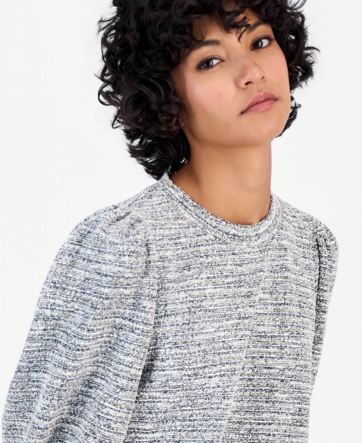 Anne Klein Essentials Petite 3/4-Balloon Sleeve Boucle-Knit Top