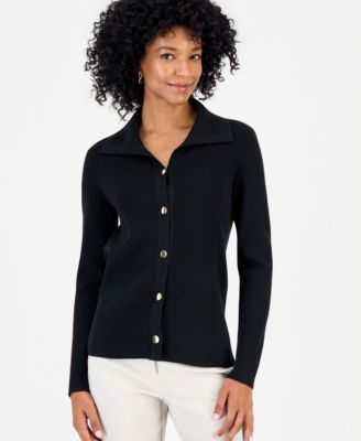 Women's Button-Collared Ribbed-Knit Cardigan, Macy's Exclusive