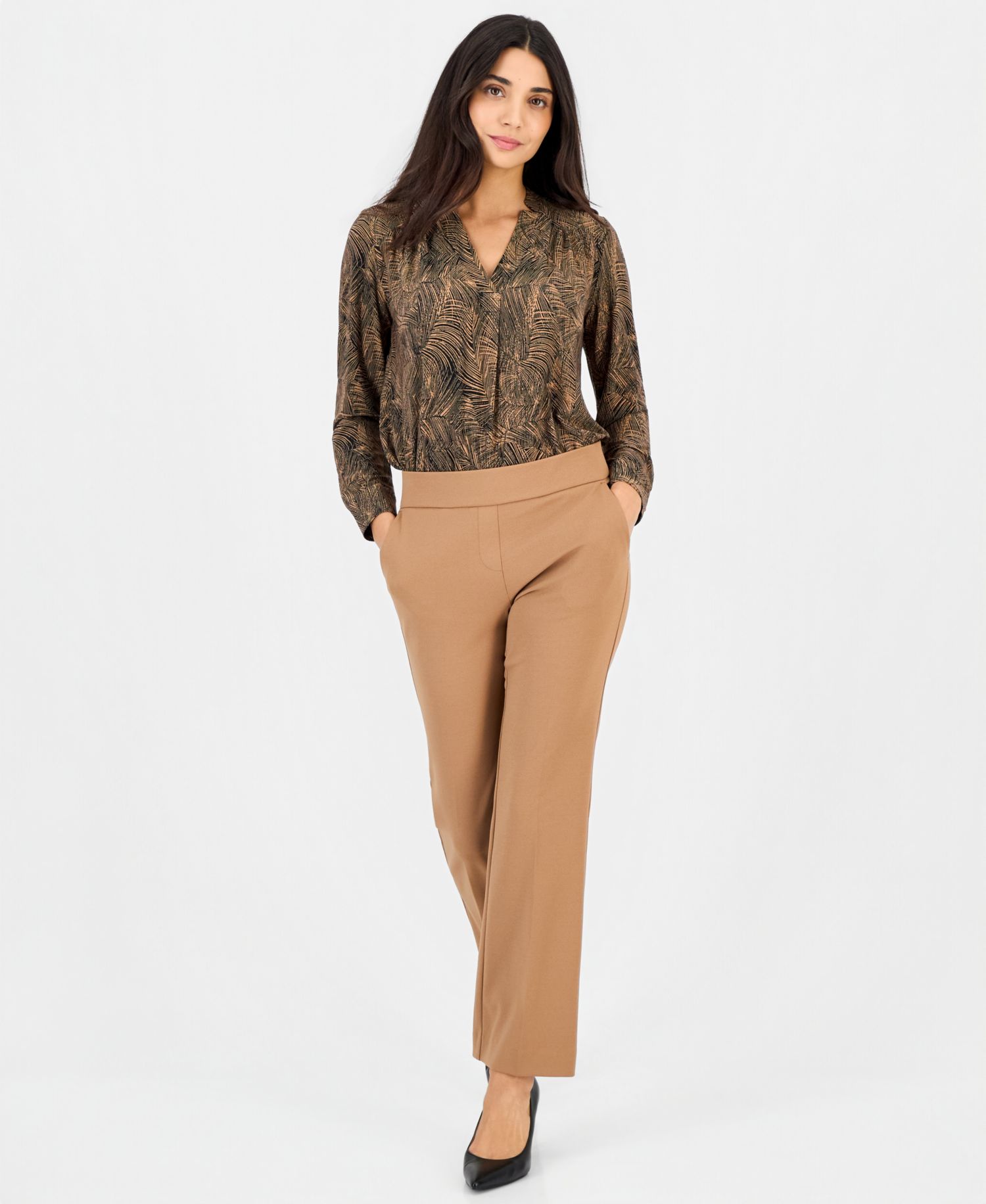 Petite Long-Sleeve Split-Neck Yoke Blouse