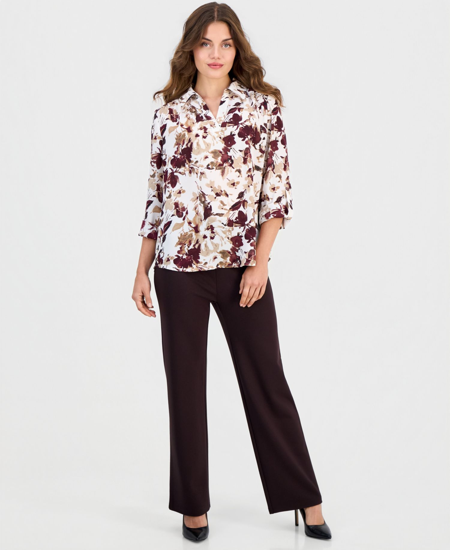 Women's Floral-Print 3/4-Length Roll-Tab V-Neck Blouse