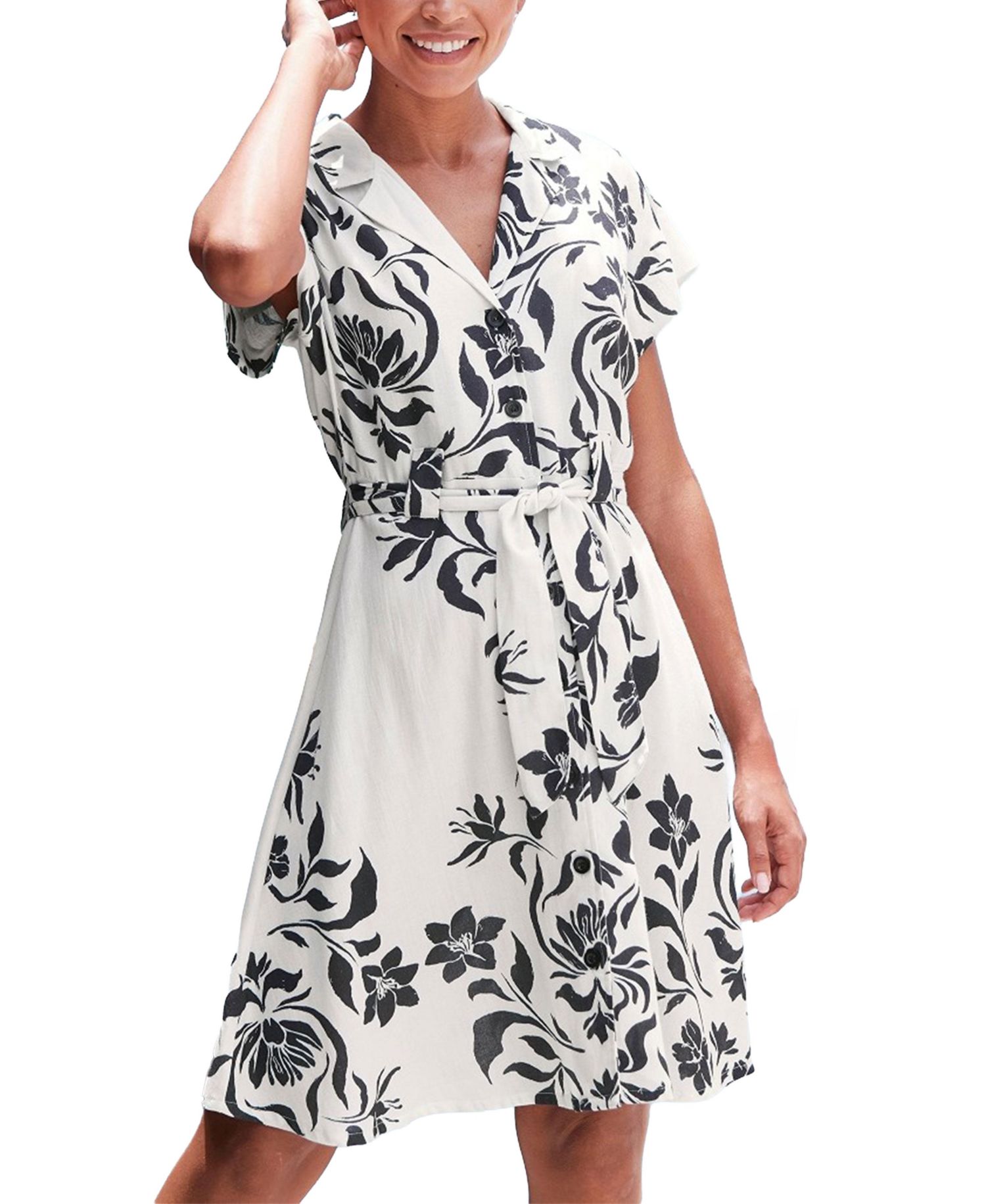 Women's Viscose Belted Button-Front Lightweight Dress
