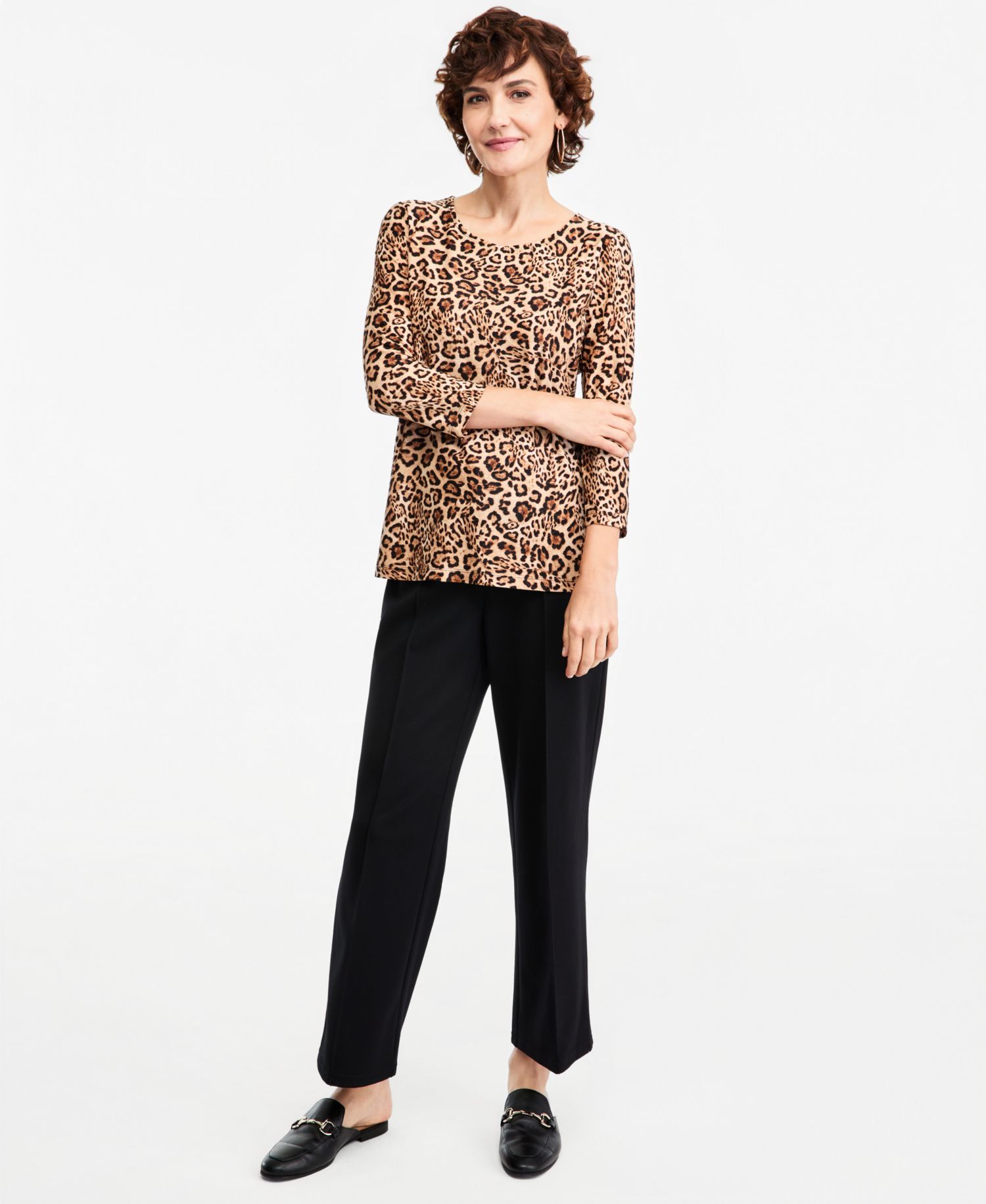 Petite Leopard-Print 3/4-Sleeve Scoop-Neck T-Shirt