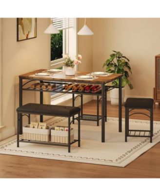 Modern 4-Person Dining Table Set, Space-Saving Kitchen Table with Upholstered Benches, Wood and Metal Dining Set for Apartments, Studios