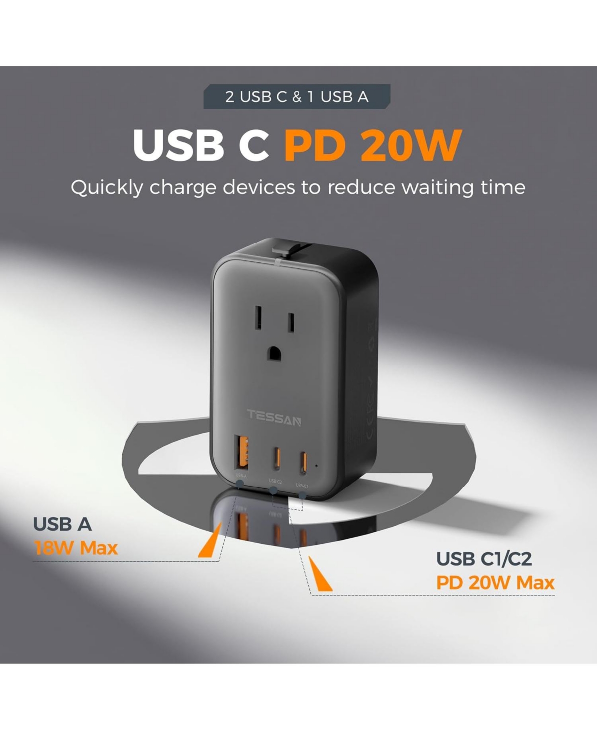 Tessan Travel Adapter Pd 20W, Universal Power Adapter 2 Usb C 1 Usb A, Ultra Thin International Plug Adaptor Worldwide Outlet for Us to European Uk