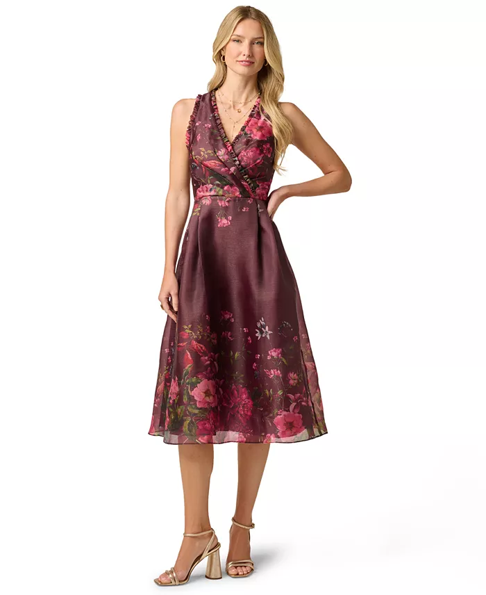 Women's V-Neck Printed Organza Midi Dress