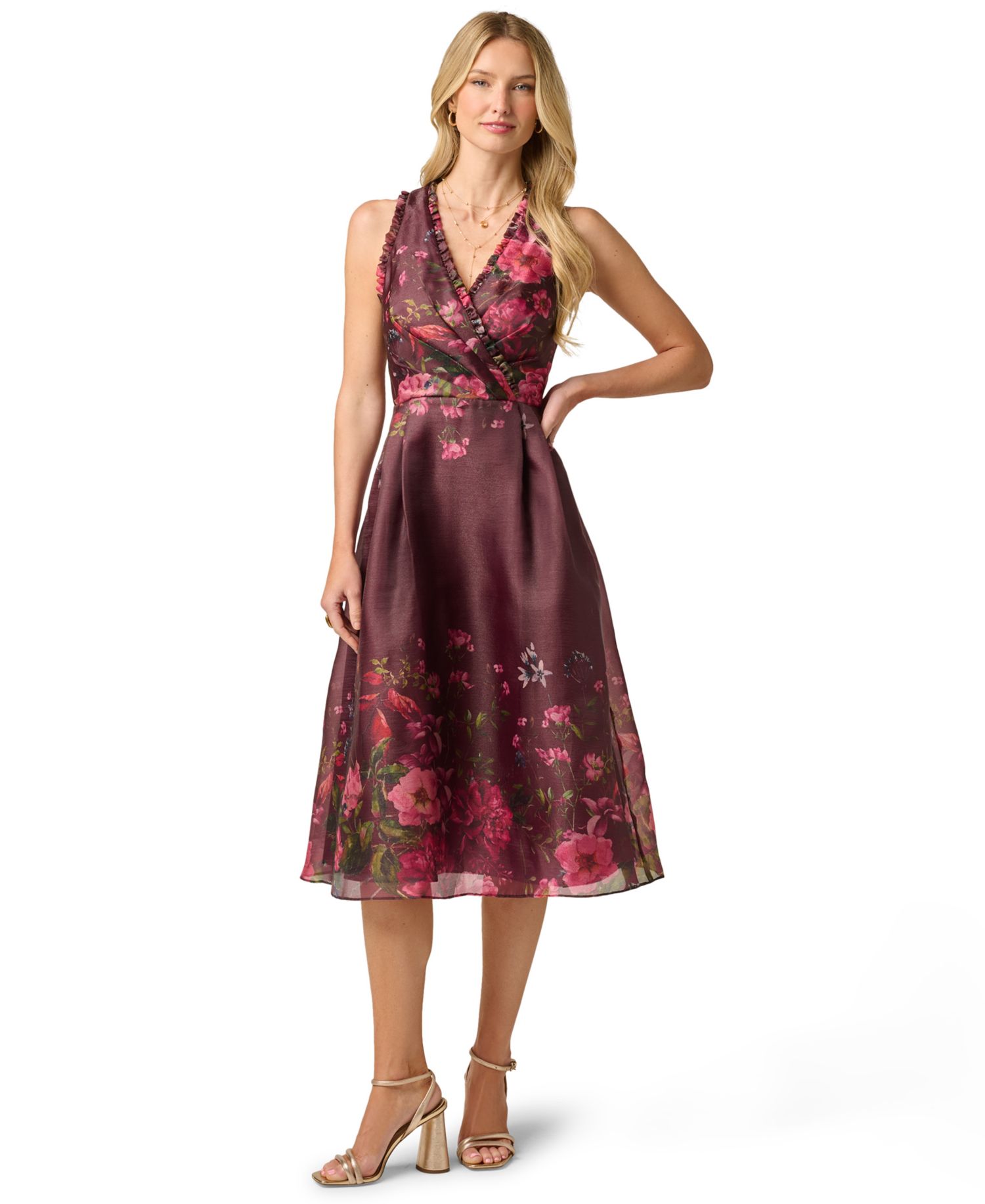 Women's V-Neck Printed Organza Midi Dress