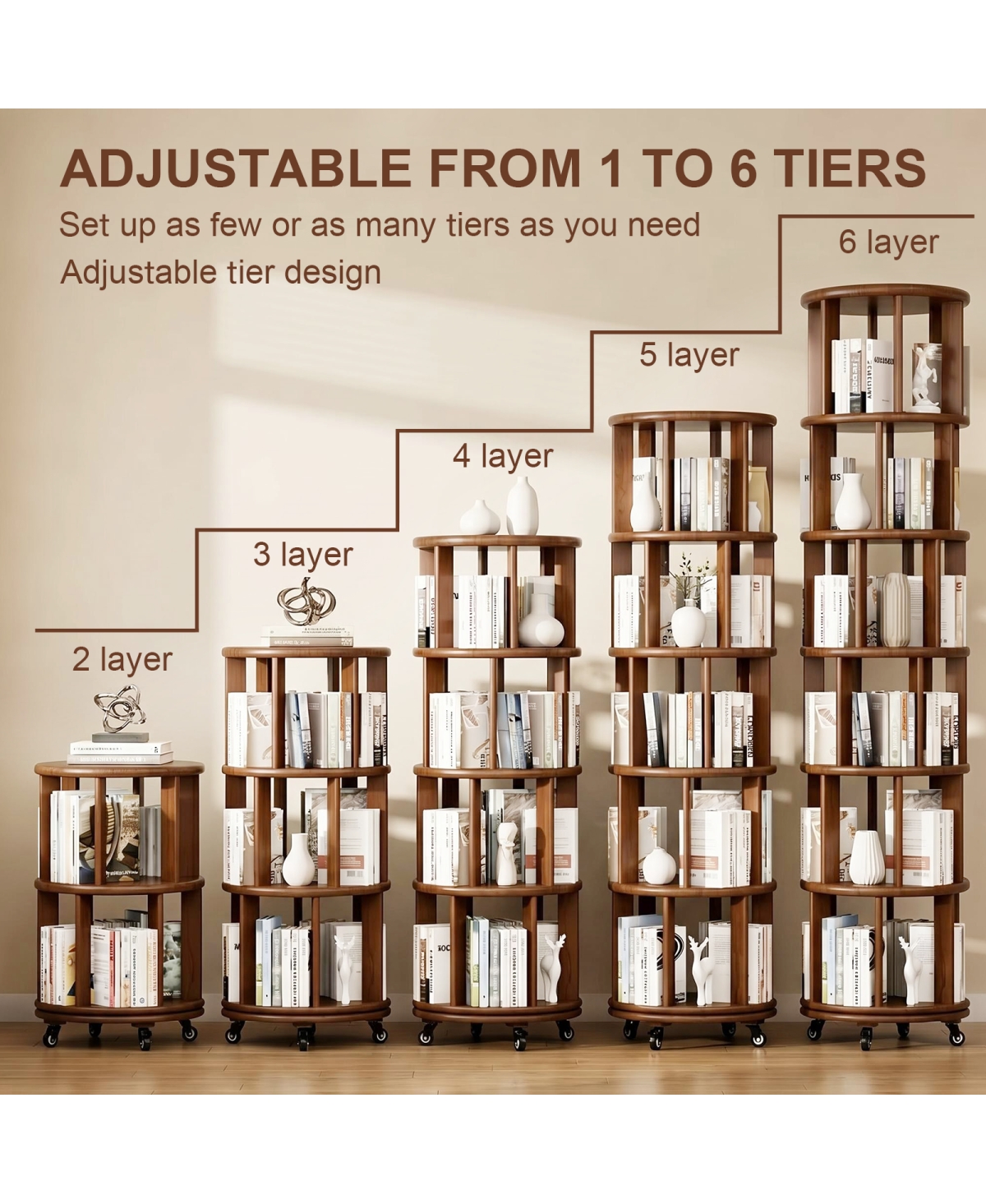 Streamdale Furniture 6-Tier Rotating Solid Wood Bookshelf Tower with Wheels