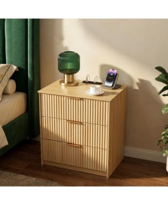 Wavy-Patterned Three-Drawer Nightstand with USB Port and Power Outlet—A Compact Dressing Table for the Bedroom or Living Room