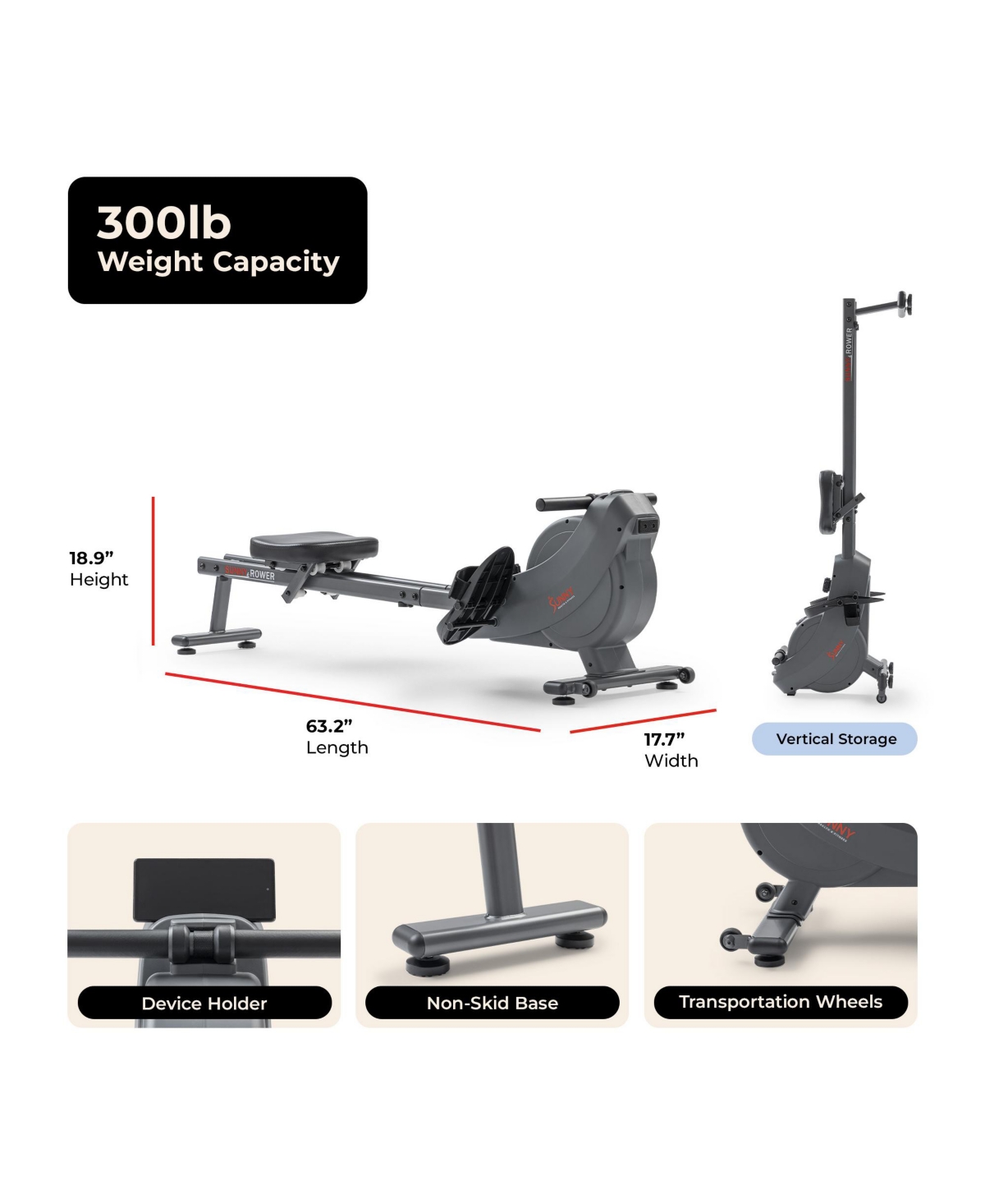 Sunny Health & Fitness Dual Rail Magnetic Rowing Machine