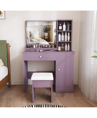 Purple Vanity Desk Set with LED Mirror and Padded Stool