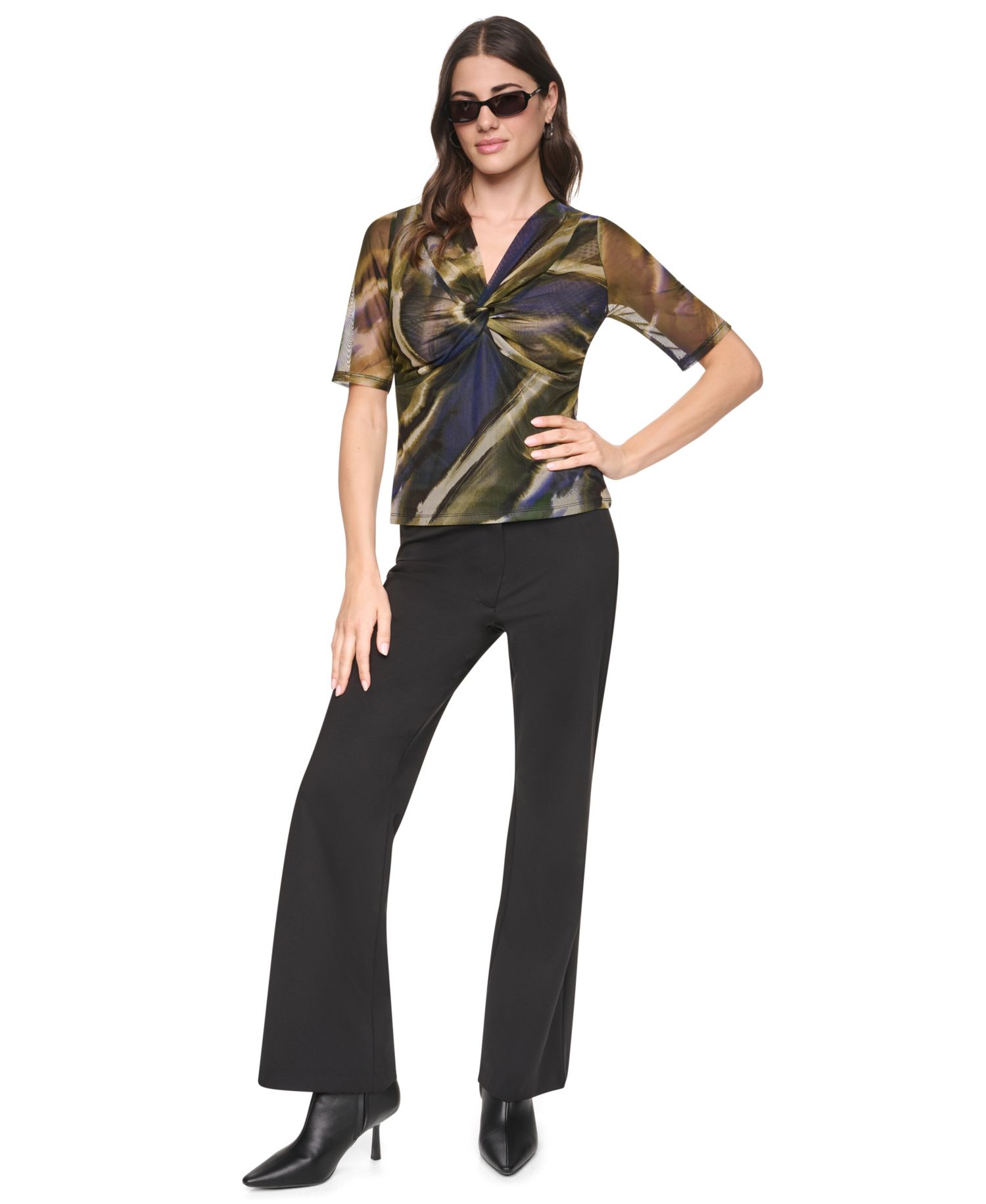 Women's Printed Mesh Twist-Front V-Neck Top