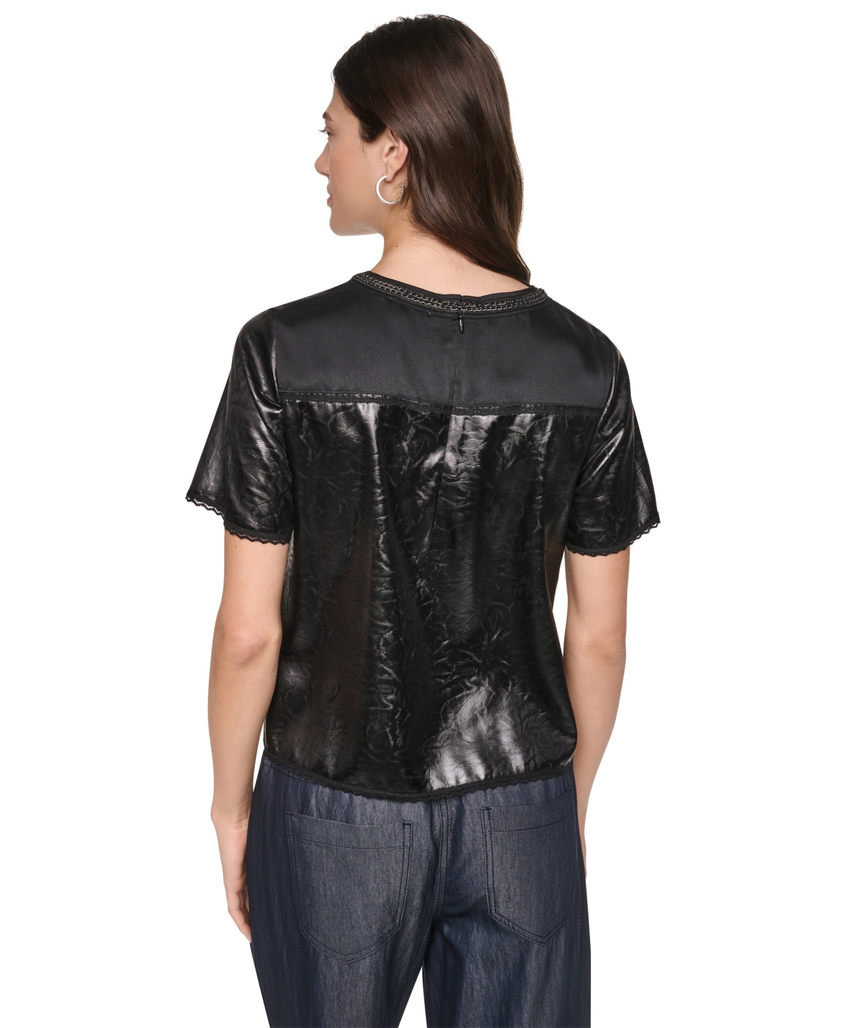 Dkny Women's Chain Neck Short-Sleeve Mixed Media Top