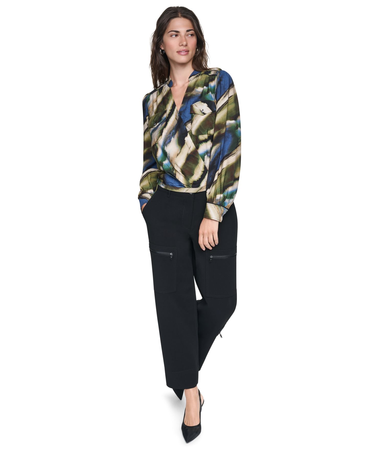 Женская блузка DKNY Printed Surplice V-Neck Long-Sleeve Voile Blouse, цвет: Brushed Riverside — фото 2