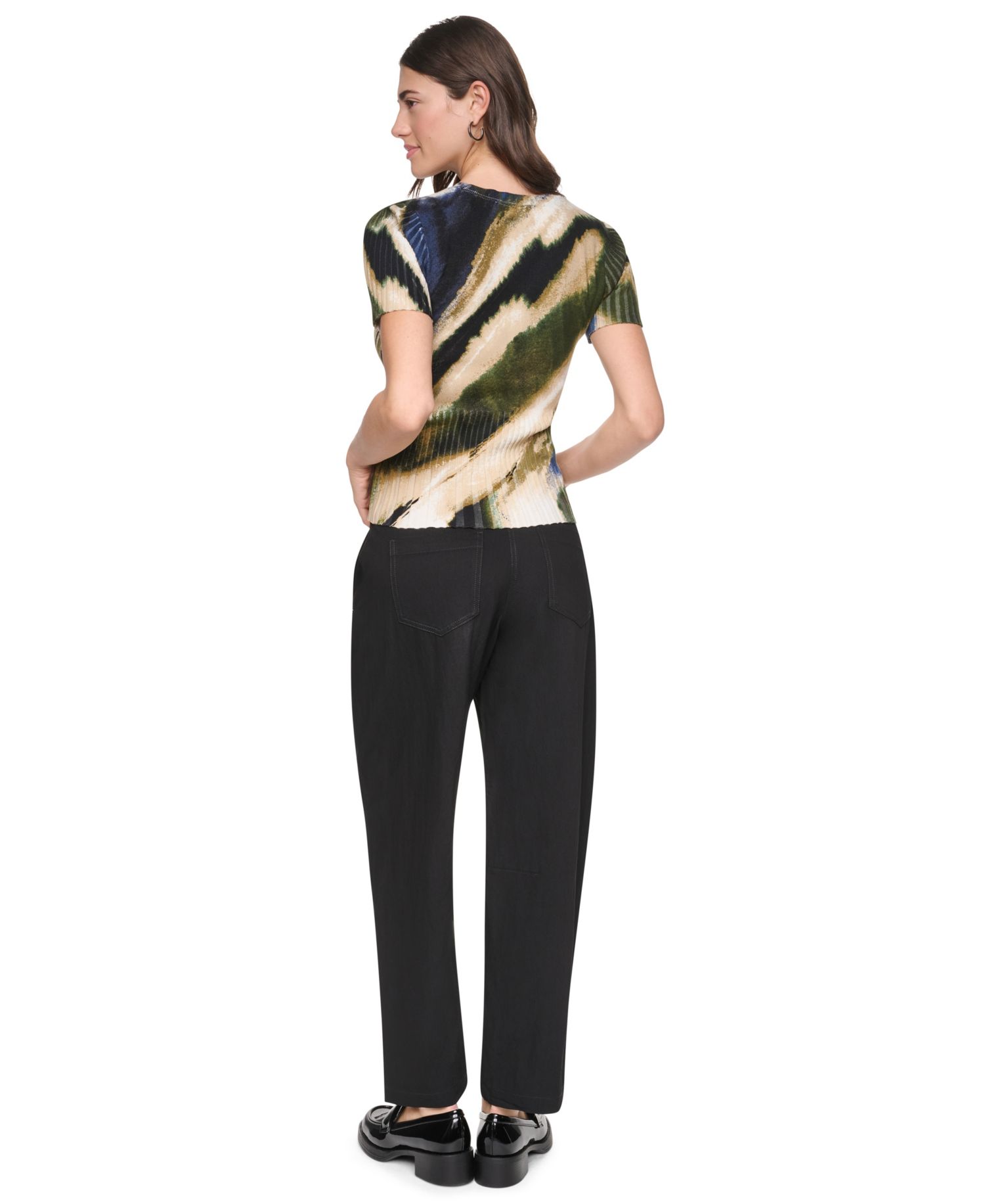 Women's Printed Rib Knit Crewneck Short-Sleeve Sweater