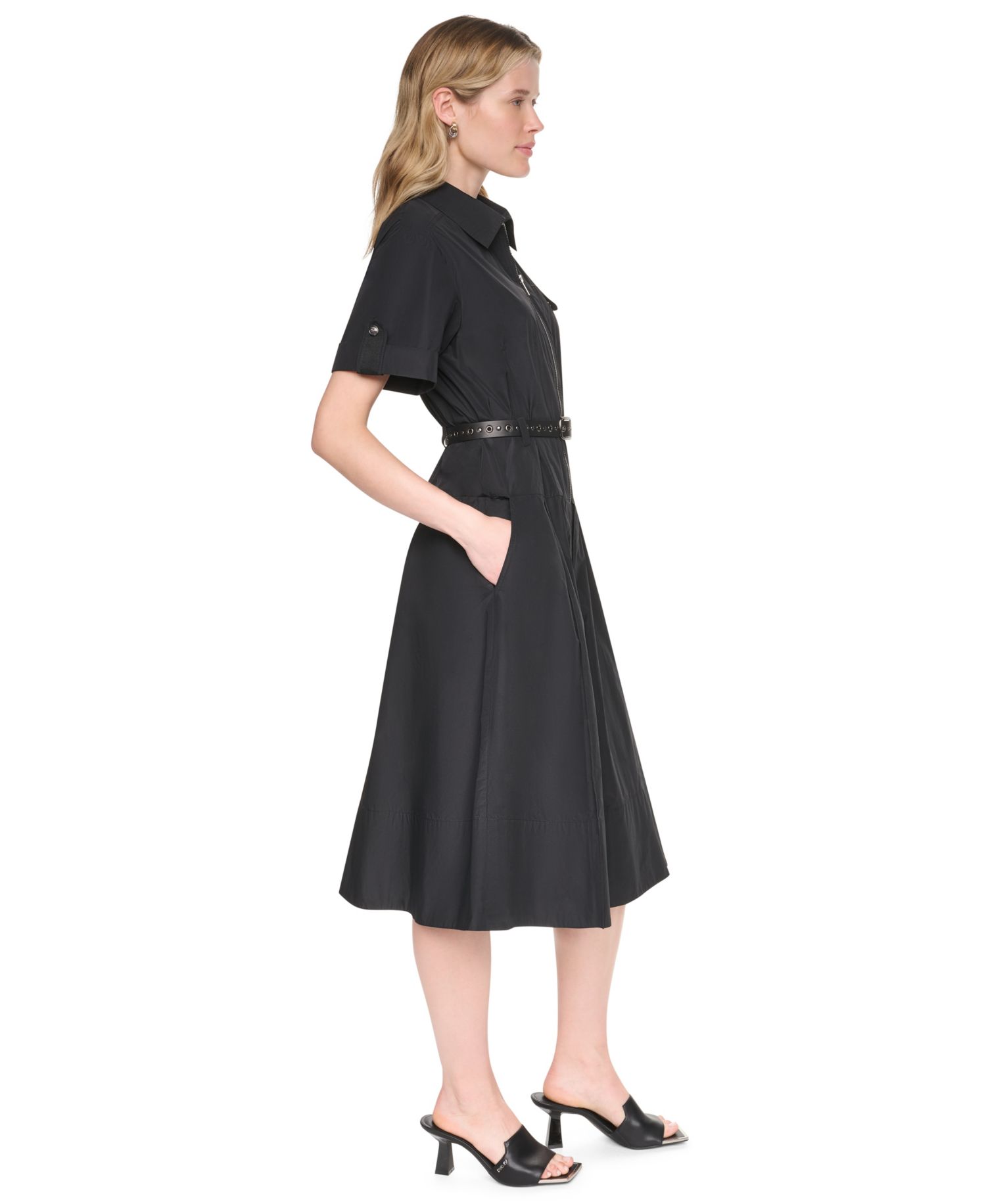 Women's Collared Short-Sleeve Removable Belt Midi Dress