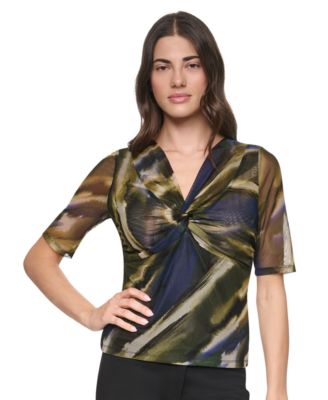 Women's Printed Mesh Twist-Front V-Neck Top