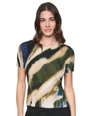Women's Printed Rib Knit Crewneck Short-Sleeve Sweater