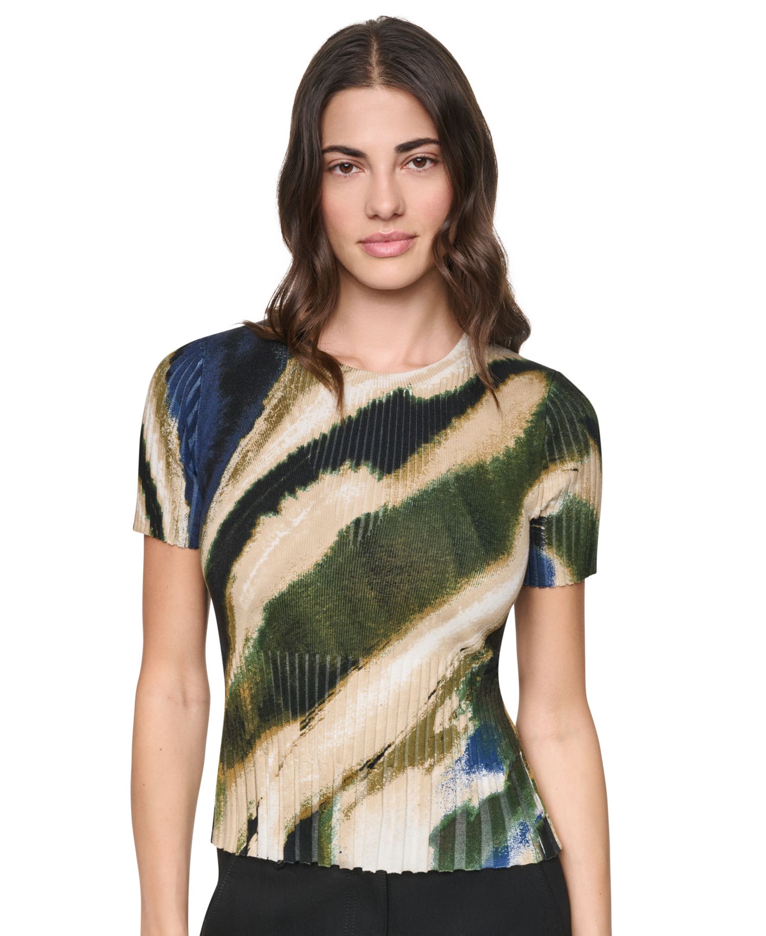Women's Printed Rib Knit Crewneck Short-Sleeve Sweater