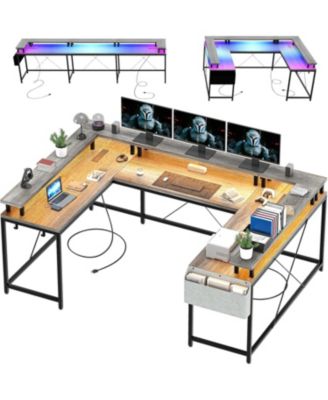 U-Shaped Reversible Office Desk with Power Outlets, RGB LED Lights, Monitor Stand, Storage Shelves, Large Corner Computer Table for Home Office