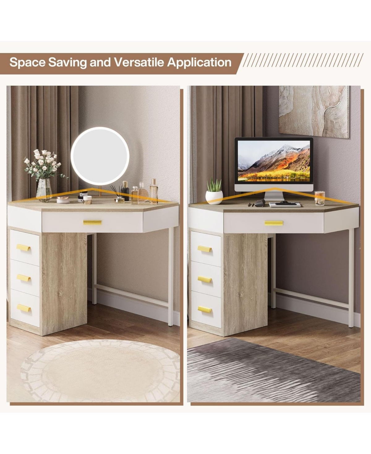 Tribesigns Corner Desk,Triangle Computer Desk,90-Degree Writing Desk Pc Table Makeup Vanity Desk with Storage for Home Office,Living Room