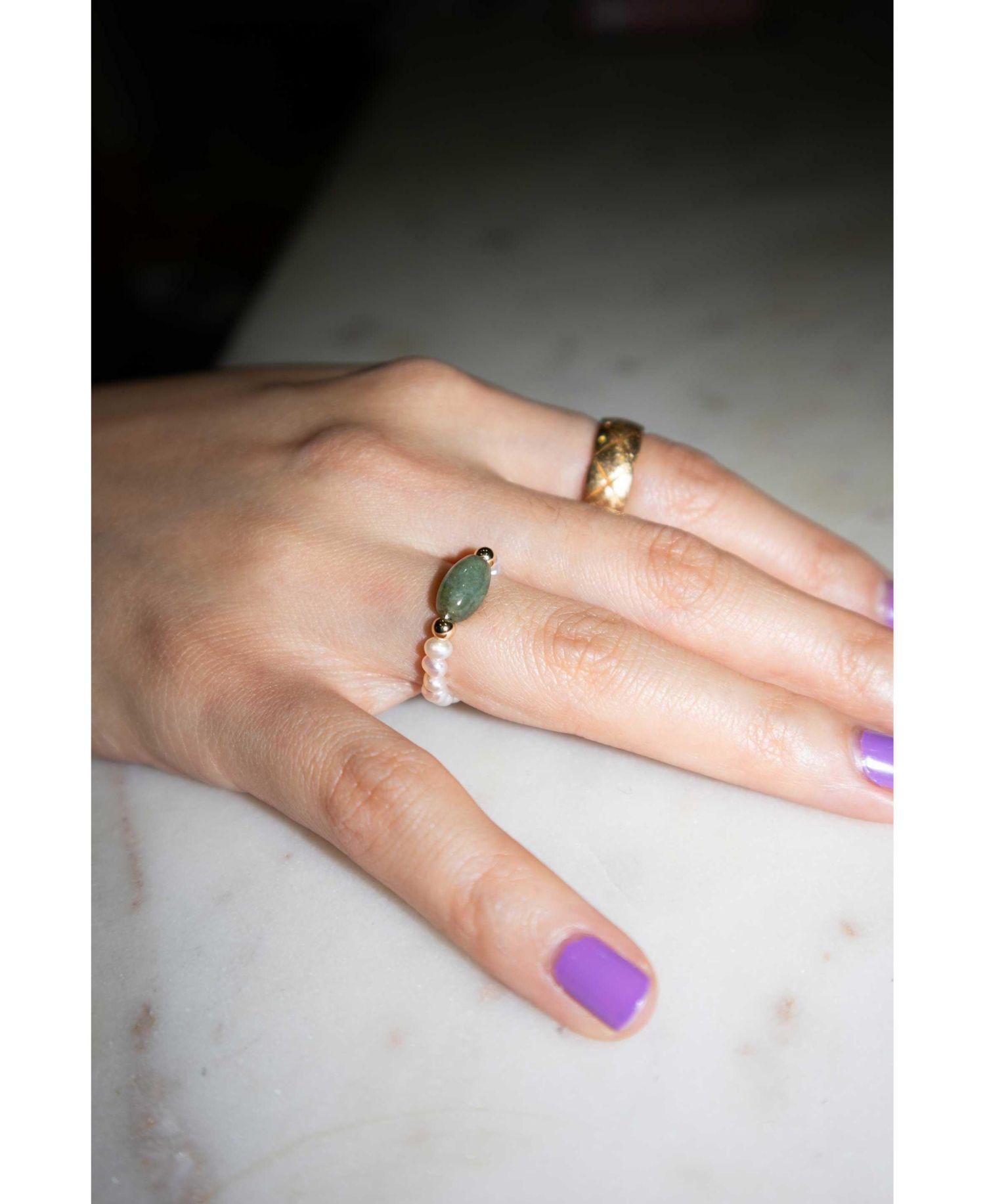 Isa Jade and Beaded Pearl Stretch Ring