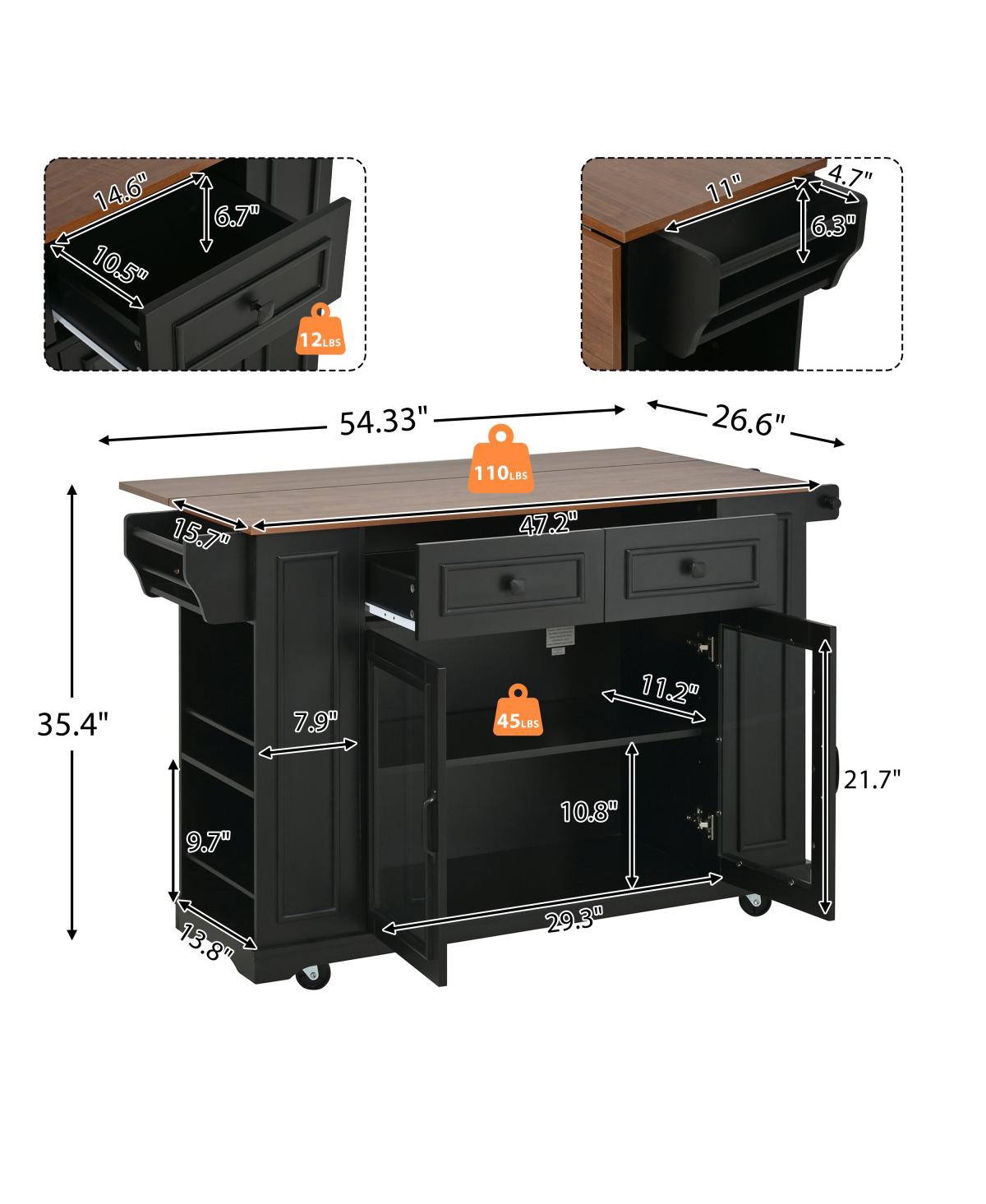 Streamdale Furniture 54" Mobile Kitchen Island with Storage, Power Outlet
