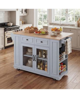 54" Mobile Kitchen Island with Storage, Power Outlet, and Shelves