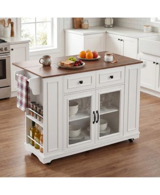 54" Mobile Kitchen Island with Storage, Power Outlet, and Shelves