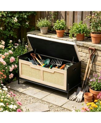 Rattan Storage Bench with Cushion, Slim Shoe Organizer & Patio Deck Box, Sturdy Storage Furniture for Entryway, Bedroom, or Living Room.