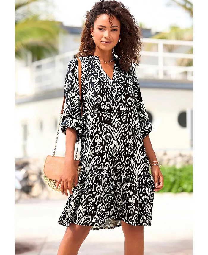 Women's Viscose Printed Tunic Ruffle-Trim Notch-Neck Short Dress - thumbnail 3