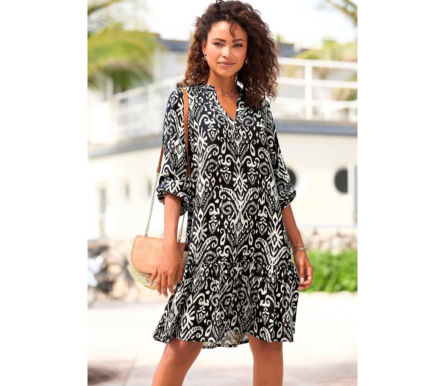 Women's Viscose Printed Tunic Ruffle-Trim Notch-Neck Short Dress