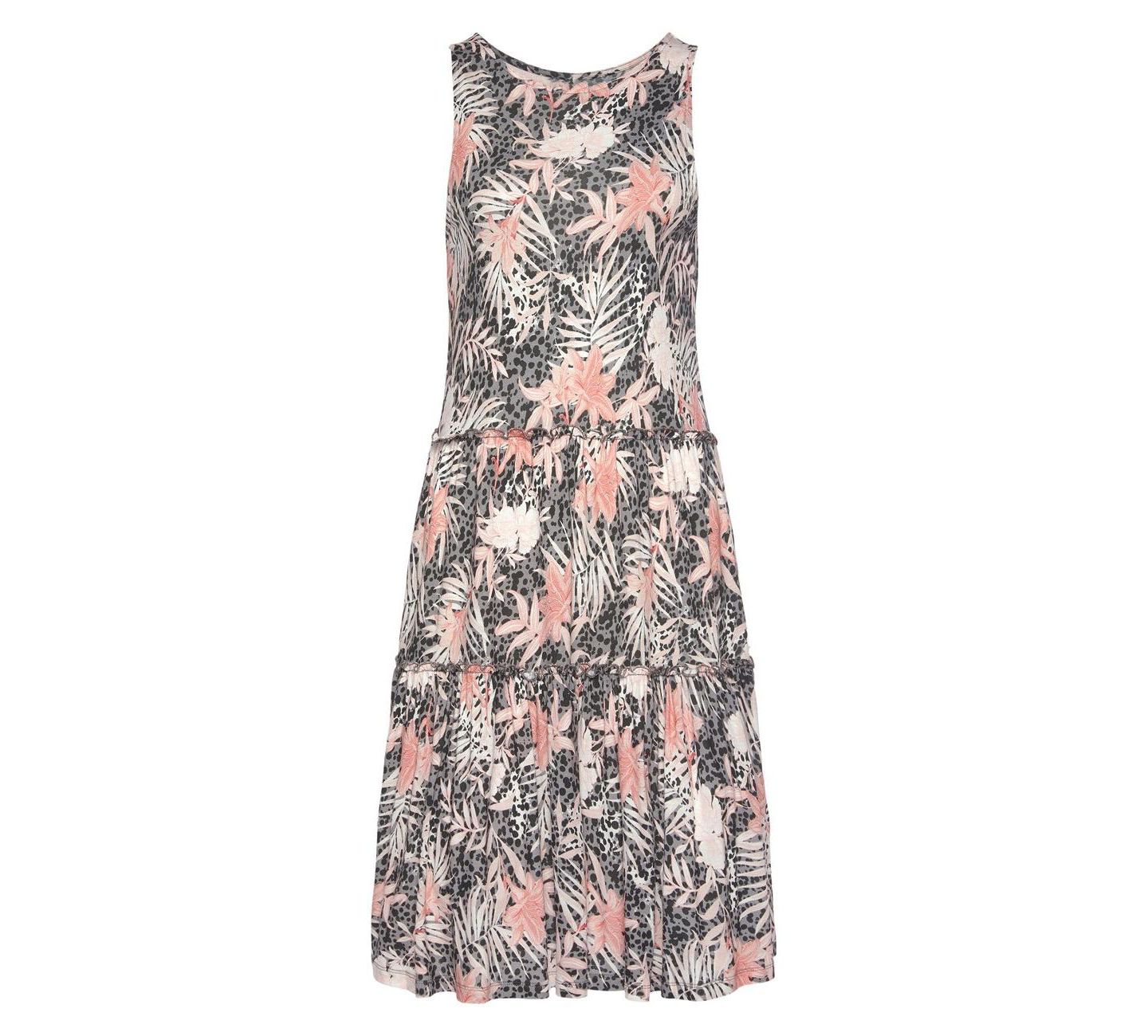 Женское платье LASCANA Viscose Printed Mix Tiered Ruffle-Trim Short, цвет: Серый разноцветный — фото 4