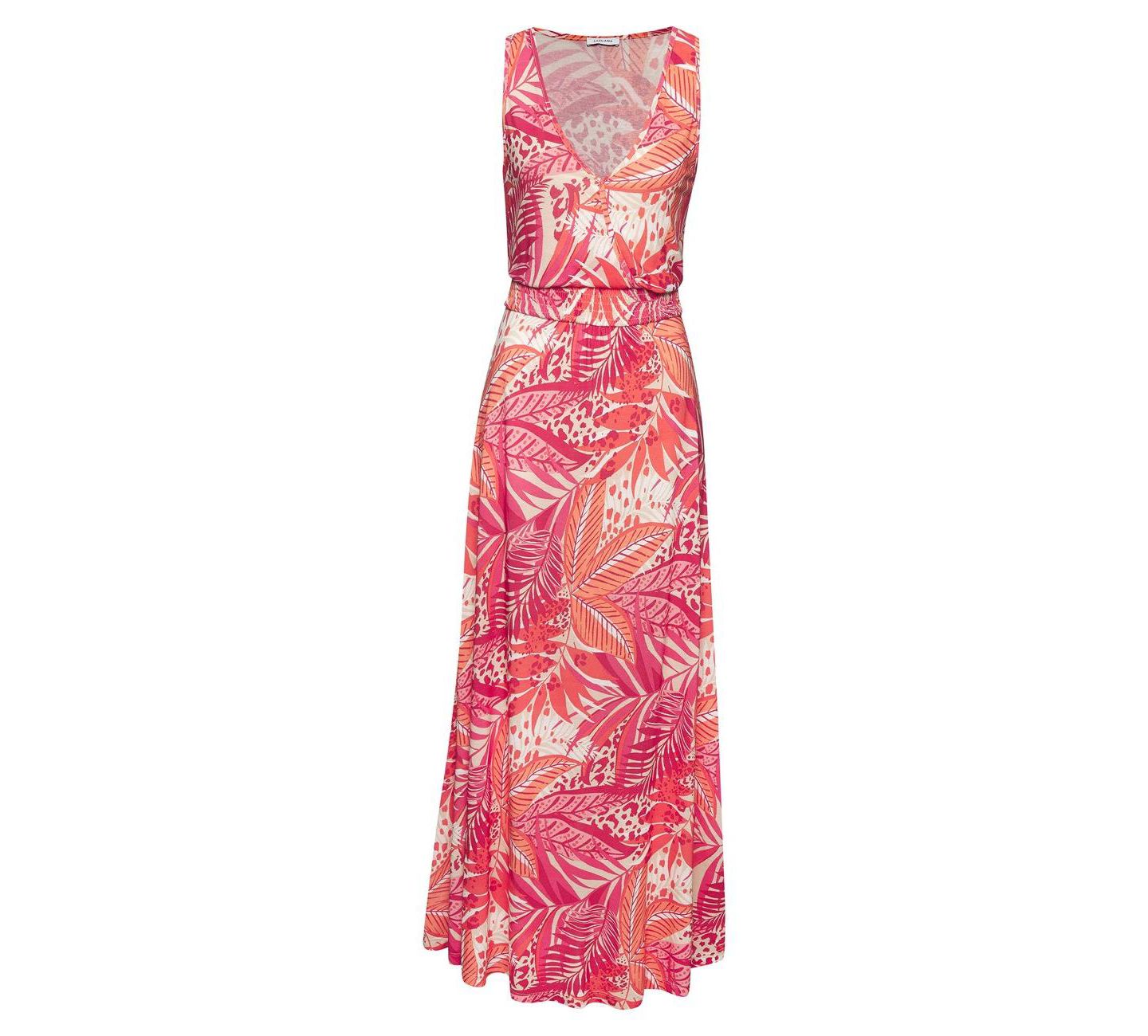 Женское платье LASCANA Viscose Printed Smocked Waist A-Line V-Neck Maxi, цвет: Розовый оранжевый — фото 4