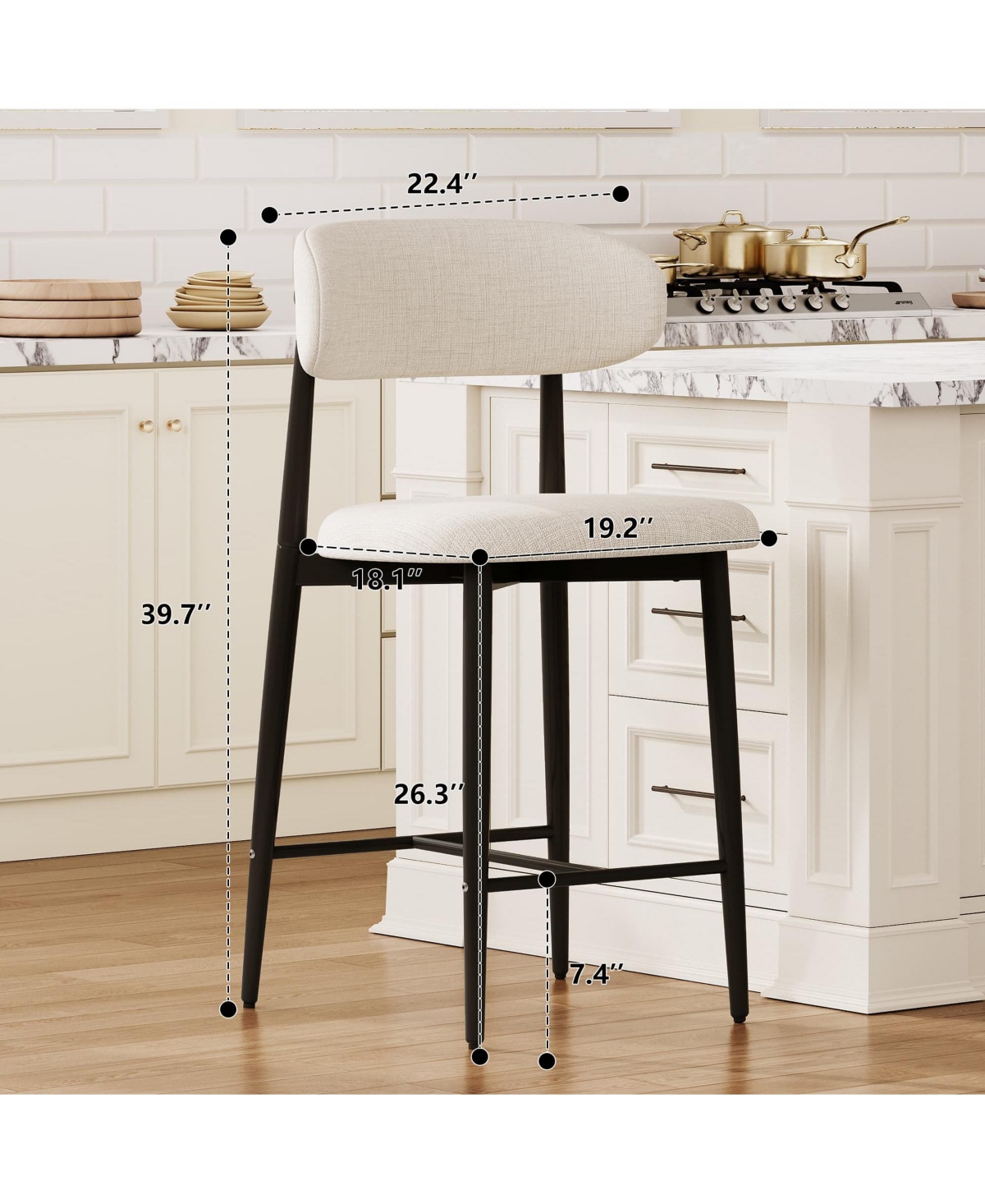 Maison Boucle Mid-Century Modern Counter Height Bar Stools Set of 4, Linen Upholstered, Natural Finish Leg Frame, Kitchen Island Seating, 26" Seat H