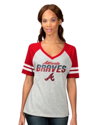 Women's Heather Gray Atlanta Braves Goal Line Raglan V-Neck T-Shirt